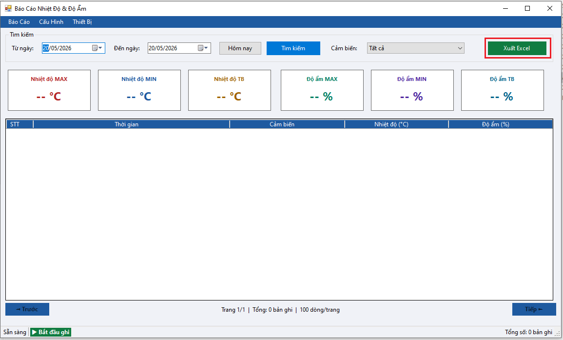 Giao diện báo cáo và xuất Excel